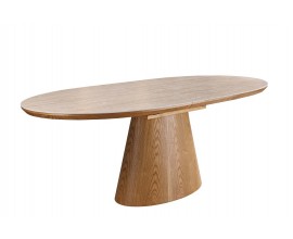 Modern&yacute; ov&aacute;lny keramick&yacute; rozkladac&iacute; jed&aacute;lensk&yacute; st&ocirc;l Marmol Lignia s travert&iacute;nov&yacute;m dizajnom a dubovou hnedou nohou 160-200 cm