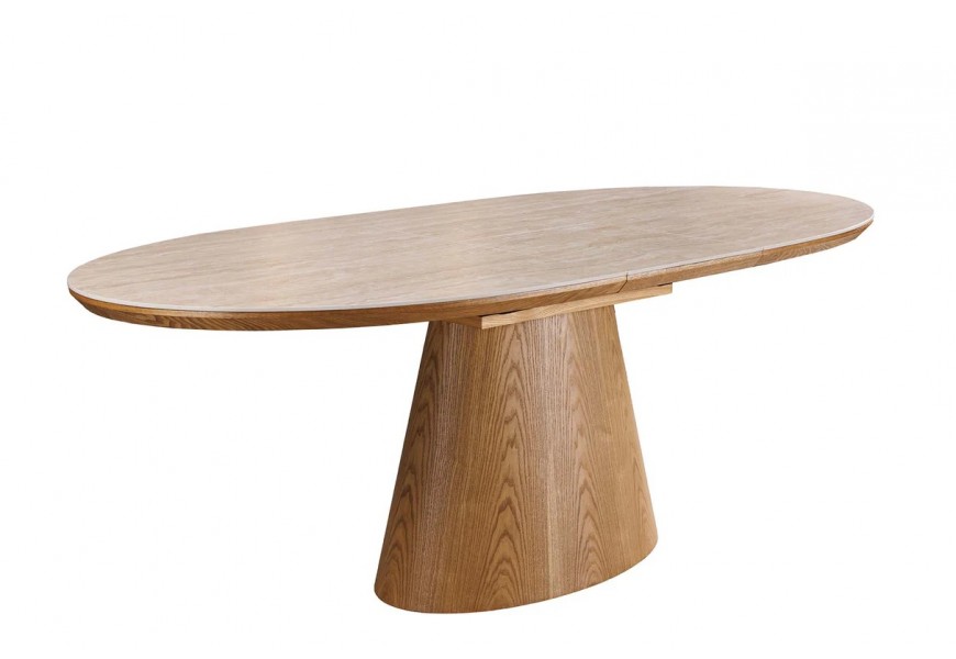 Modern&yacute; ov&aacute;lny keramick&yacute; rozkladac&iacute; jed&aacute;lensk&yacute; st&ocirc;l Marmol Lignia s travert&iacute;nov&yacute;m dizajnom a dubovou hnedou nohou 160-200 cm