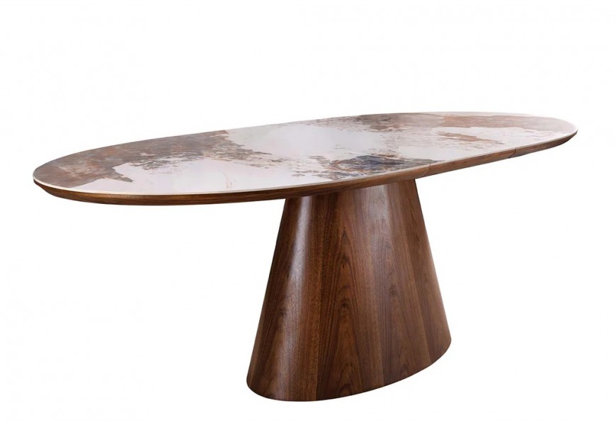 Dizajnový rozkladací jedálenský stôl Marmol Lignia v oválnom tvare s keramickou doskou so vzhľadom prírodného kameňa a kužeľovou nohou s orechovým tmavo hnedým dizajnom