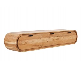 Retro mas&iacute;vny n&aacute;stenn&yacute; obdĺžnikov&yacute; hned&yacute; telev&iacute;zny stol&iacute;k Spin s tromi z&aacute;suvkami s v&yacute;raznou drevenou &scaron;trukt&uacute;rou letokruhov a zaoblen&yacute;mi bočn&yacute;mi stenami