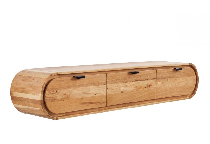 Retro masívny nástenný obdĺžnikový hnedý televízny stolík Spin s tromi zásuvkami s výraznou drevenou štruktúrou letokruhov a zaoblenými bočnými stenami