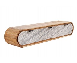 Art deco závesný masívny obdĺžnikový hnedý TV stolík Spin s tromi zásuvkami s mramorovým dizajnom v bielej a sivej farbe 160 cm