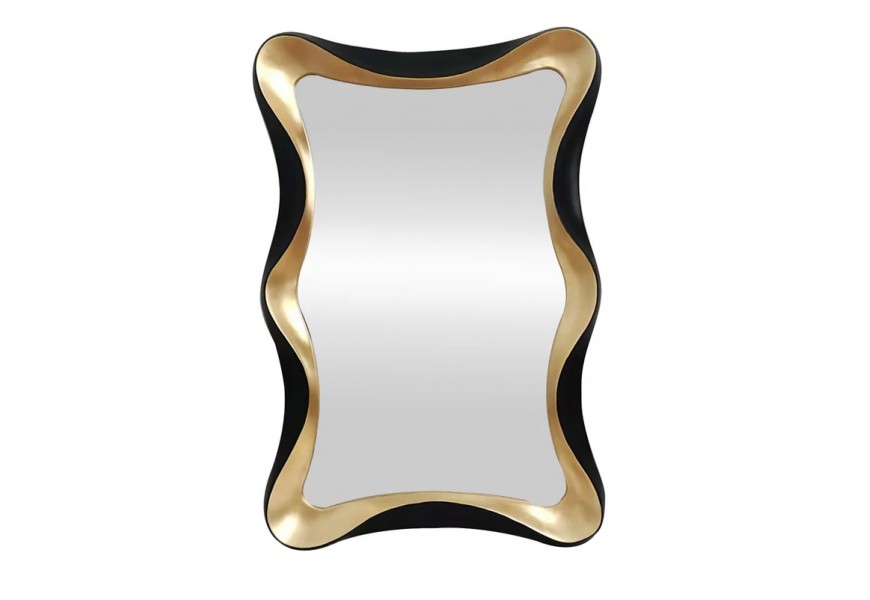 Glamour závesné zrkadlo Yraj v obdĺžnikovom tvare s čierno zlatým rámom so zvlneným dizajnom s dyhovanou zadnou doskou