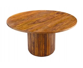 Art deco okr&uacute;hly jed&aacute;lensk&yacute; st&ocirc;l Gire z mas&iacute;vneho sheeshamov&eacute;ho dreva v hnedej farbe s lakovan&yacute;m povrchom s valcovou nohou s lamelov&yacute;m dizajnom