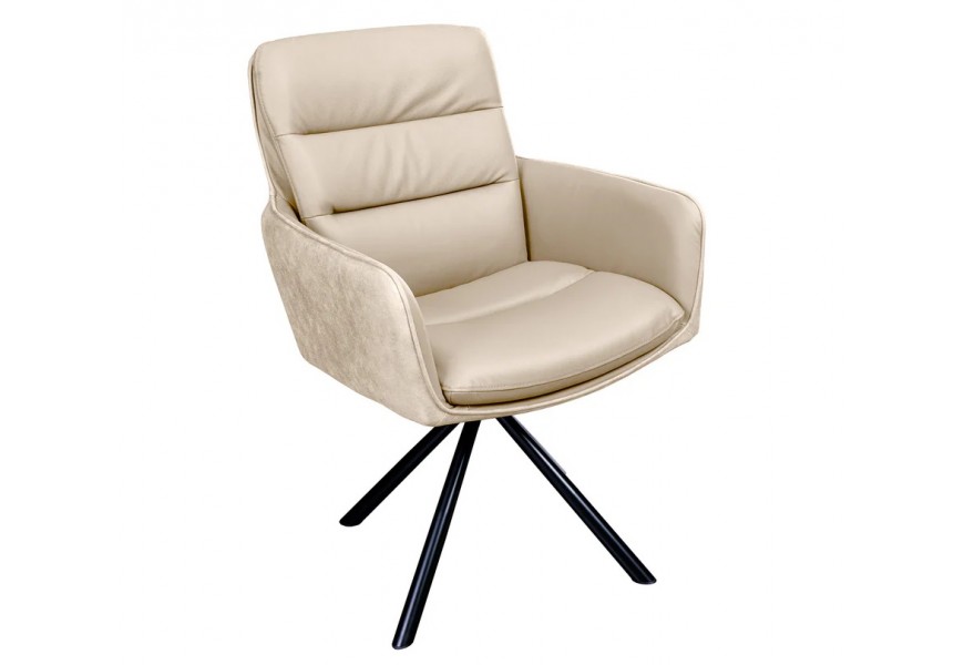 Industriálna otočná jedálenská stolička Dover v béžovej farbe s pravým koženým poťahom a mikrovláknom s čiernymi kovovými šikmými nožičkami