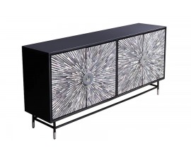 Modern&yacute; art deco obdĺžnikov&yacute; &scaron;tvordverov&yacute; pr&iacute;born&iacute;k Hueso s mozaikou s technikou bone inlay z byvolej kosti v čiernobielej farbe s kovovou čiernou kon&scaron;trukciou