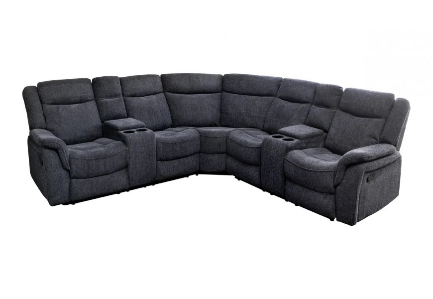 Luxusn&aacute; modern&aacute; čal&uacute;nen&aacute; rohov&aacute; sedačka Phoenix so siv&yacute;m poťahom a &scaron;tyrmi držiakmi na poh&aacute;re s &uacute;ložn&yacute;m priestorom 270 cm