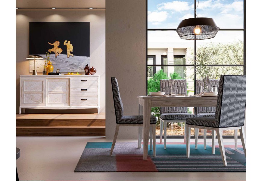 Luxusná vidiecka masívna zostava nábytku do jedálne Quebec s rozkladacím obdĺžnikovým jedálenským stolom a čalúnenými stoličkami s príborníkom s do oblúka vyrezávanou spodnou lištou