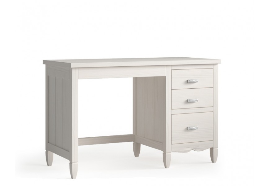 Luxusný vidiecky masívny biely písací stôl Amberes s obdĺžnikovou vrchnou doskou s rozkladacou funkciou s vyrezávanými nožičkami a s úložným priestorom s tromi zásuvkami a ozdobnou lištou s plnými bočnými stenami