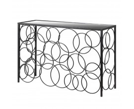 Modern&yacute; obdĺžnikov&yacute; konzolov&yacute; stol&iacute;k Jelan so zrkadlovou doskou s čiernou kovovou kon&scaron;trukciou s kruhov&yacute;mi dekor&aacute;ciami