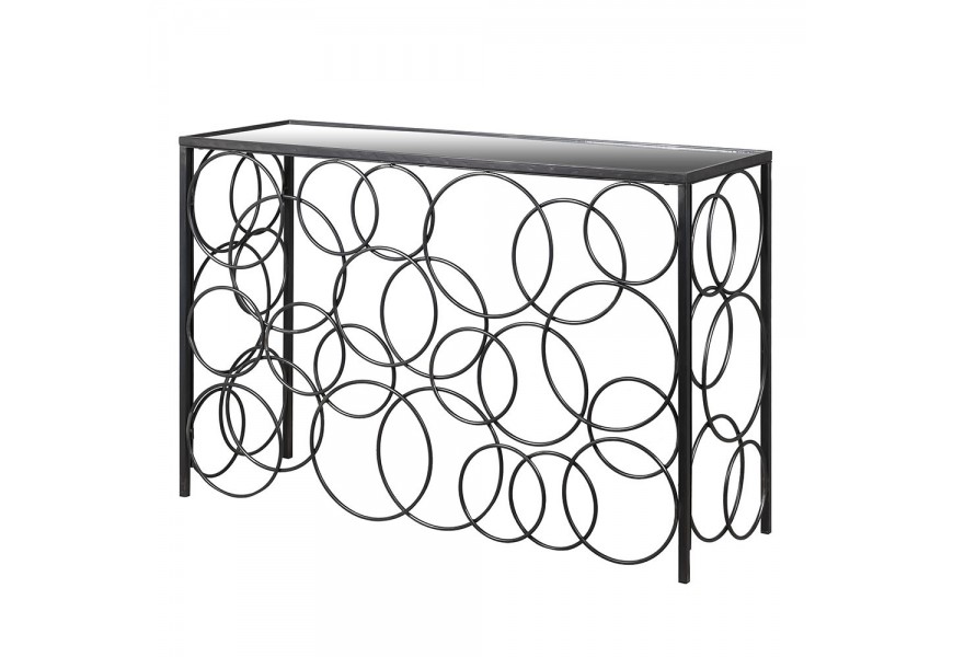 Moderný obdĺžnikový konzolový stolík Jelan so zrkadlovou doskou s čiernou kovovou konštrukciou s kruhovými dekoráciami
