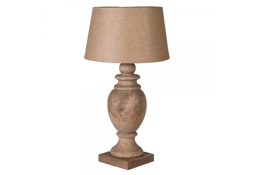 Klasická vyrezávaná hnedá nočná lampa s nohou z mangového dreva s dizajnom vázy so štvorcovou podstavou s tienidlom z juty vo valcovom tvare