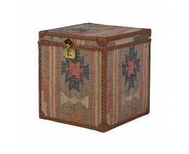 Etno orient&aacute;lna &scaron;tvorcov&aacute; truhlica Amina s poťahom z juty a bavlny s kilim vzorom v hned&yacute;ch odtieňoch 63 cm