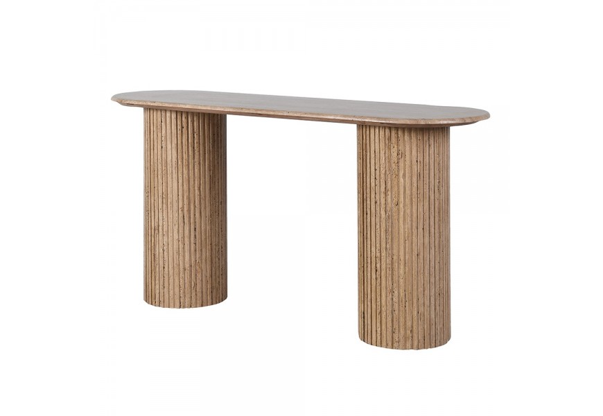 Luxusn&yacute; ov&aacute;lny travert&iacute;nov&yacute; konzolov&yacute; stol&iacute;k Athena v hnedej pieskovej farbe s valcov&yacute;mi dr&aacute;žkovan&yacute;mi nohami 152 cm