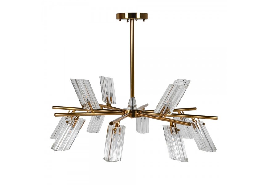 Art deco stropný luster Kilina z kovu v bronzovej farbe s dvanástimi tienidlami zo skla s vrúbkovaným dizajnom