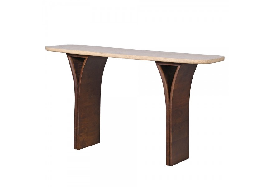 Luxusn&yacute; mramorov&yacute; obdĺžnikov&yacute; konzolov&yacute; stol&iacute;k Jedy s travert&iacute;novou doskou a dreven&yacute;mi ak&aacute;ciov&yacute;mi hned&yacute;mi nohami 137 cm