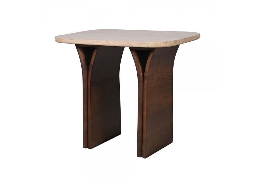 Luxusný moderný mramorový travertínový príručný stolík Jedy s vrchnou béžovou doskou so zaoblenými hranami