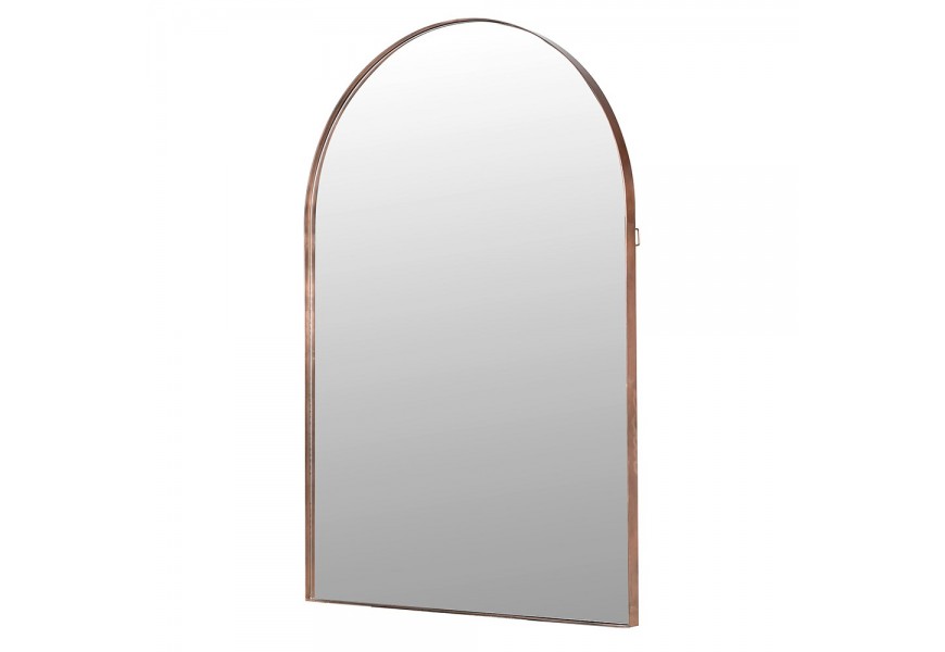 Luxusné moderné vysoké glamour závesné zrkadlo Melfa v obdĺžnikovom tvare s oblúkovým vrchom s tenkým rámom z kovu v medenej farbe