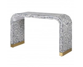 Orient&aacute;lny obdĺžnikov&yacute; konzolov&yacute; stol&iacute;k Daytona v bielo modrej farbe s intarziou z byvolej kosti s technikou bone inlay s mangov&yacute;m drevom so zaoblen&yacute;mi rohmi s mosadzn&yacute;mi detailmi a flor&aacute;lnym vzorom