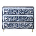 Luxusn&aacute; orient&aacute;lna flor&aacute;lna obdĺžnikov&aacute; modro biela komoda Daytona s tromi z&aacute;suvkami s intarziou z byvolej kosti 100 cm