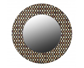 Retro okrúhle nástenné zrkadlo Hajdy s intarziou z byvolej kosti s hnedo bielymi krúžkami s čiernym mangovým rámom 100 cm