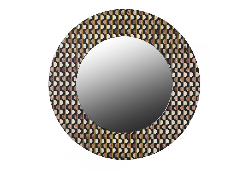Dizajnové okrúhle závesné zrkadlo Hajdy s dreveným mangovým čiernym podkladom a intarziou z byvolej kosti s hnedými a bielymi krúžkami s technikou bone inlay