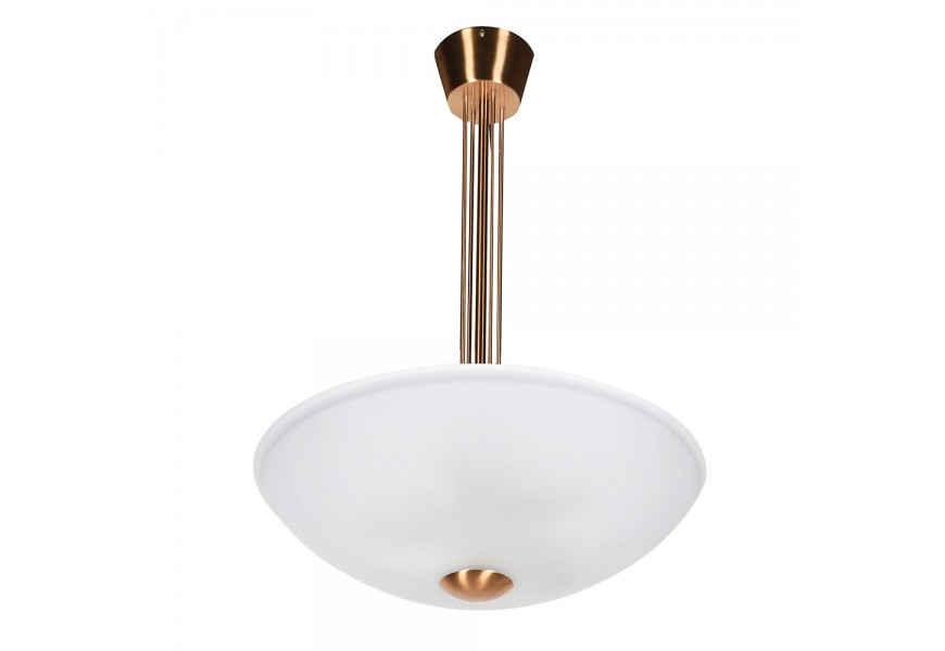 Art deco stropný luster Izi so zlatou tyčou z kovu s okrúhlym tienidlom zo skla v mliečnej nepriehľadnej bielej farbe