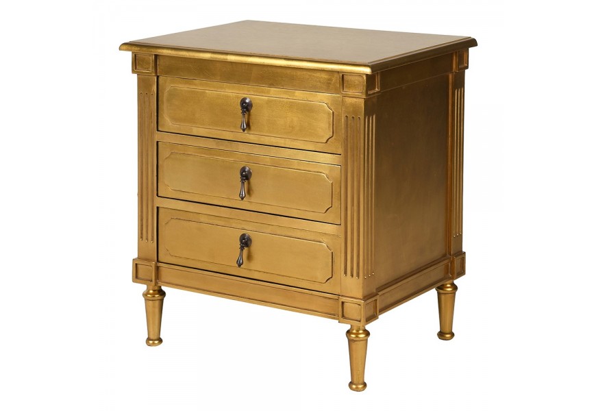 Luxusný klasický zlatý nočný stolík Roi Gilt z mahagónového dreva s povrchovou úpravou s jemnou patinou a ozdobným drážkovaním s tromi zásuvkami a štíhlimi nožičkami s kovovými úchytkami v bronzovej farbe