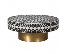 Luxusný etno okrúhly čierno biely konferenčný stolík Daytona s intarziou z byvolej kosti a mosadznou kovovou nohou 100 cm