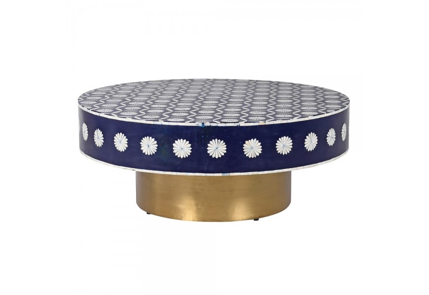 Luxusn&yacute; etno okr&uacute;hly konferenčn&yacute; stol&iacute;k Daytona s intarziou z byvolej kosti s flor&aacute;lnym vzorom s kovovou mosadznou nohou 100 cm