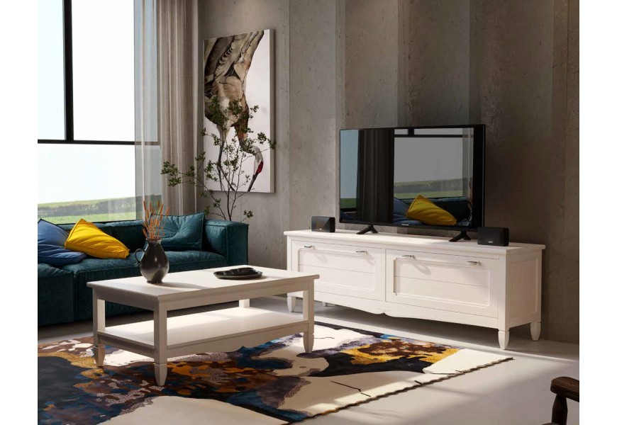 Luxusná moderná masívna zostava nábytku do obývačky Amberes v bielej farbe s vyrezávaným zdobením s obdĺžnikovým konferenčným stolíkom a televíznym stolíkom s úložným priestorom