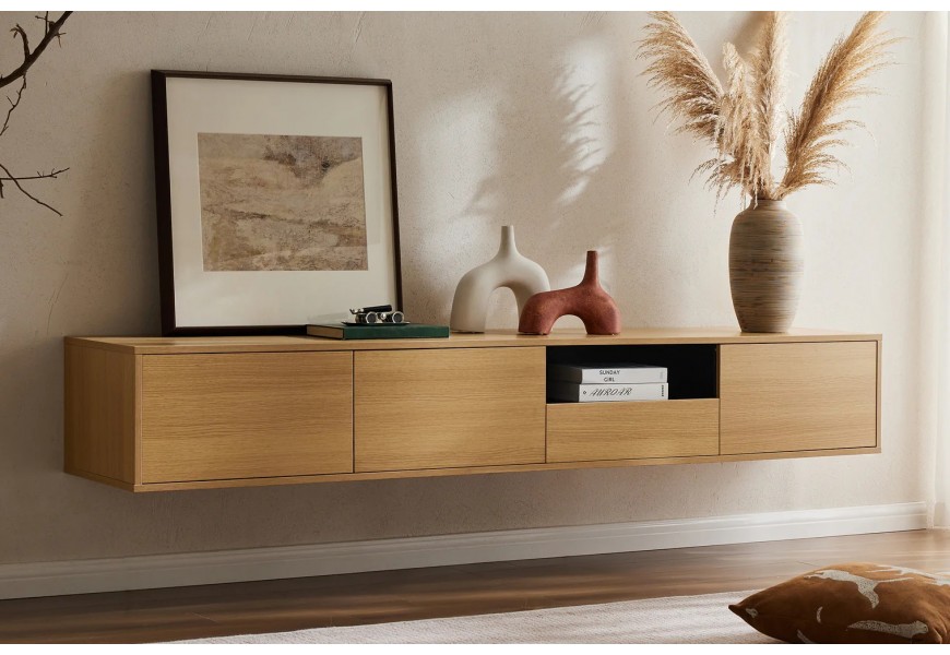 Modern&yacute; z&aacute;vesn&yacute; trojdverov&yacute; obdĺžnikov&yacute; TV stol&iacute;k Attica v hnedej farbe s dubov&yacute;m vzhľadom 200 cm