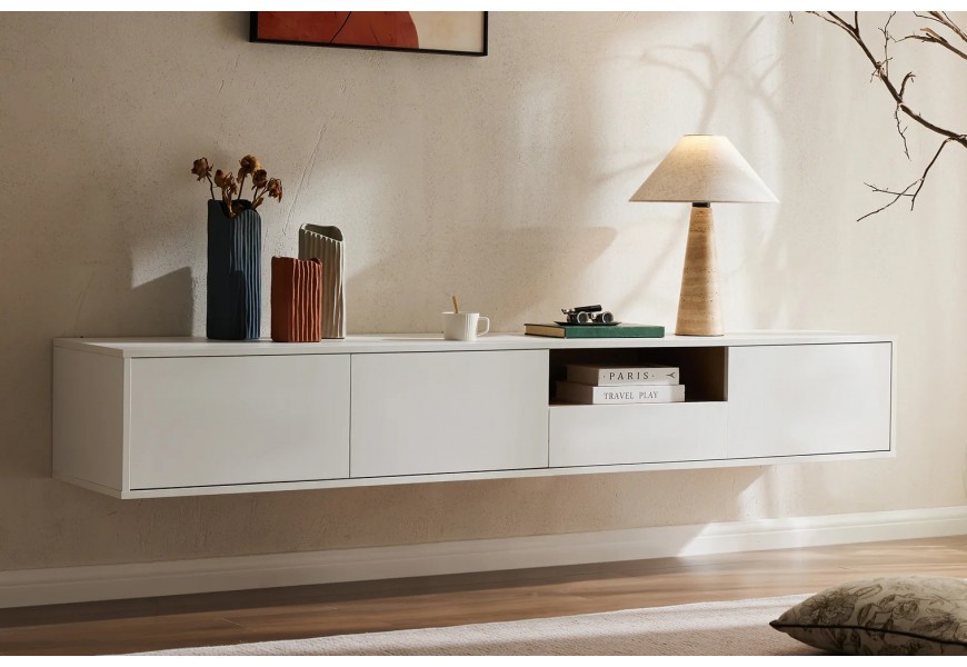 Škandinávsky obdĺžnikový závesný televízny stolík Attica s tromi dverami z dreva v bielej farbe so zásuvkou a policou