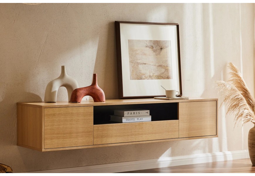 Moderný nástenný televízny stolík Attica v obdĺžnikovom tvare s dvomi dvierkami a zásuvkou s policou v dubovom dizajne v hnedej farbe s čiernym vnútrom