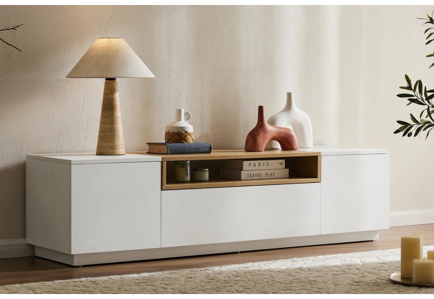 Moderný dvojdverový televízny stolík Attica v obdĺžnikovom tvare v bielej farbe so zásuvkou a policou s dubovým vzhľadom