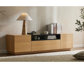&Scaron;kandin&aacute;vsky dvojdverov&yacute; TV stol&iacute;k Attica s dubov&yacute;m hned&yacute;m vzhľadom so z&aacute;suvkou a čiernou policou 160 cm