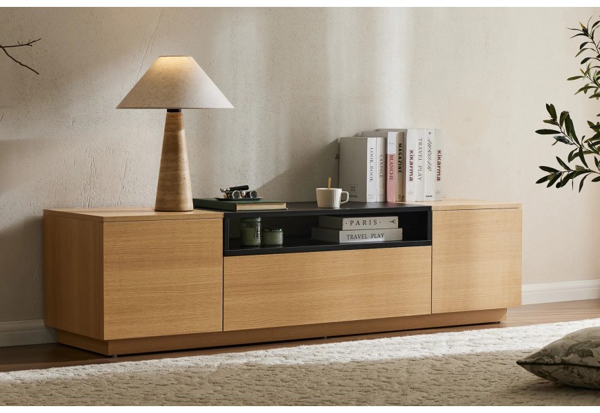 &Scaron;kandin&aacute;vsky dvojdverov&yacute; TV stol&iacute;k Attica s dubov&yacute;m hned&yacute;m vzhľadom so z&aacute;suvkou a čiernou policou 160 cm