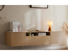 Modern&yacute; obdĺžnikov&yacute; n&aacute;stenn&yacute; telev&iacute;zny stol&iacute;k Attica v hnedej farbe s matn&yacute;m povrchom s dvomi skrinkami a jednou z&aacute;suvkou s poličkou s dubov&yacute;m vzhľadom