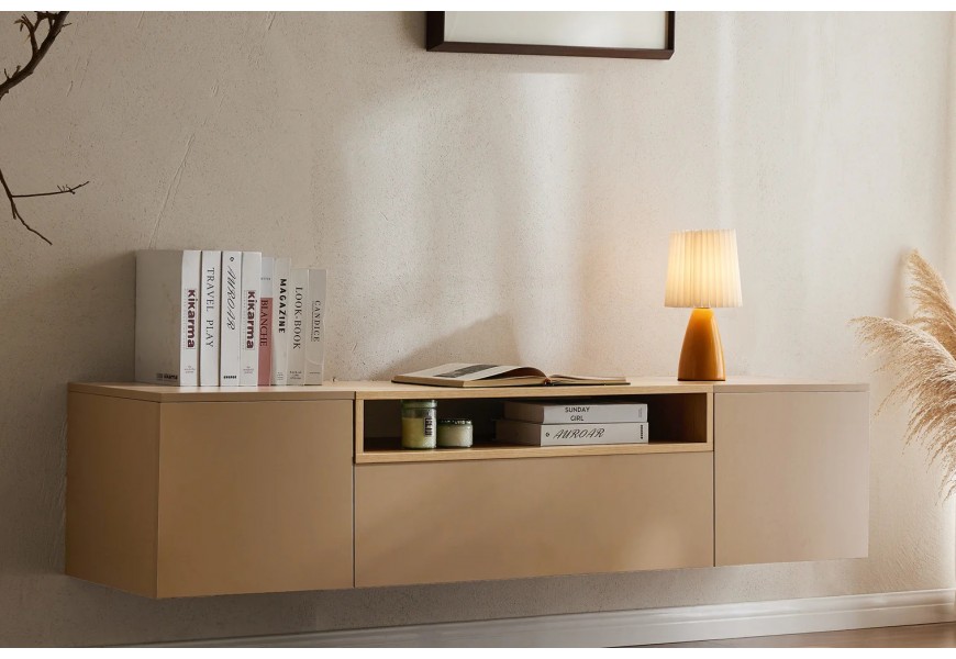 Moderný obdĺžnikový nástenný televízny stolík Attica v hnedej farbe s matným povrchom s dvomi skrinkami a jednou zásuvkou s poličkou s dubovým vzhľadom