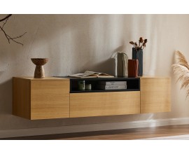 Modern&yacute; obdĺžnikov&yacute; hned&yacute; n&aacute;stenn&yacute; dubov&yacute; TV stol&iacute;k Attica s dvomi dvierkami a z&aacute;suvkou s policou v čiernej farbe 160 cm