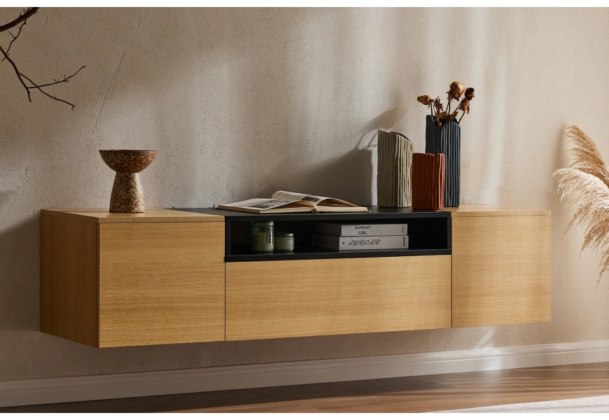 Modern&yacute; obdĺžnikov&yacute; hned&yacute; n&aacute;stenn&yacute; dubov&yacute; TV stol&iacute;k Attica s dvomi dvierkami a z&aacute;suvkou s policou v čiernej farbe 160 cm