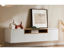 Modern&yacute; dvojdverov&yacute; z&aacute;vesn&yacute; telev&iacute;zny stol&iacute;k Attica v bielej farbe so skrinkami a z&aacute;suvkou a policou v dubovom hnedom vzhľade