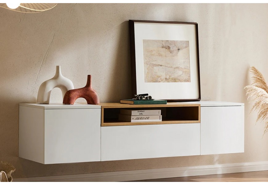 Moderný dvojdverový závesný televízny stolík Attica v bielej farbe so skrinkami a zásuvkou a policou v dubovom hnedom vzhľade