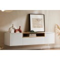 Moderný dvojdverový závesný televízny stolík Attica v bielej farbe so skrinkami a zásuvkou a policou v dubovom hnedom vzhľade