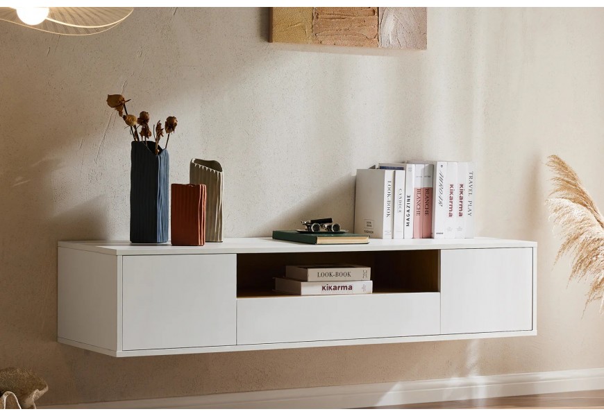 Škandinávsky televízny stolík Attica v bielej farbe z dreva v obdĺžnikovom tvare s dvomi dvierkami a zásuvkou s policou