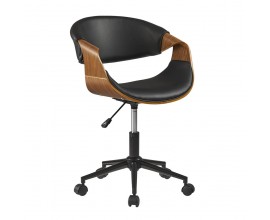 Retro otočné výškovo nastaviteľné kancelárske kreslo Norwich s koženým čiernym poťahom a dreveným detailom 83 cm