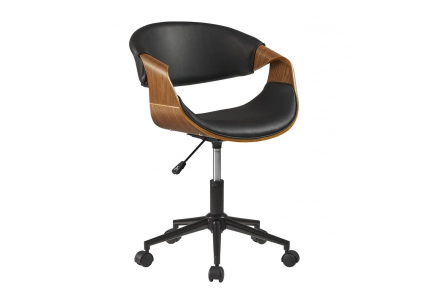 Retro otočné výškovo nastaviteľné kreslo Norwich na kolieskach s čalúnením a koženým poťahom v čiernej farbe s drevenými orechovými hnedými bočnými opierkami