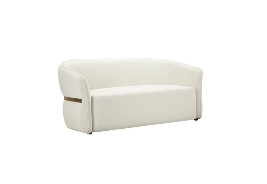 Luxusná glamour dvojmiestna sedačka Juteg v bielej farbe s eko koženým poťahom a zlatým detailom v kovovom vzhľade na nízkych nožičkách