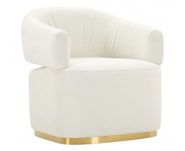 Glamour čal&uacute;nen&eacute; kreslo Juteg v bielej farbe s eko kožen&yacute;m poťahom a zlatou podstavou s obl&yacute;mi rohmi z kovu