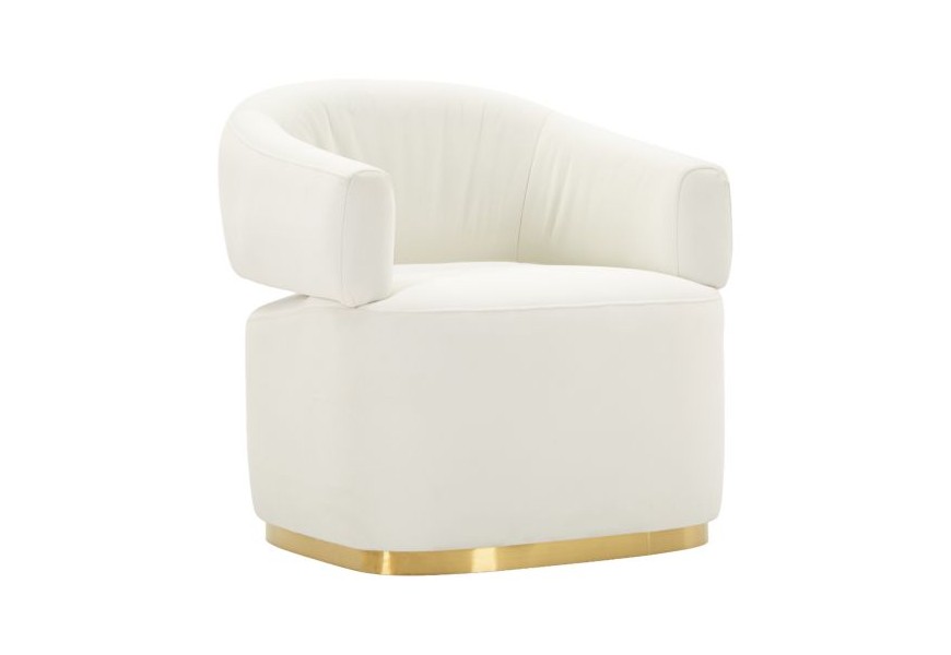 Glamour čalúnené kreslo Juteg v bielej farbe s eko koženým poťahom a zlatou podstavou s oblými rohmi z kovu